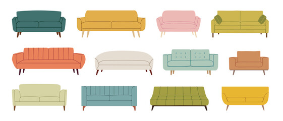 Set of trendy scandinavian sofas couches and armchairs. Modern, comfortable soft furniture collection for cozy home design. Colorful flat vector illustration isolated on white background.