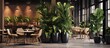 Potted plants add to the modern cafe ambiance