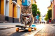 A fluffy ginger cat rides a skateboard through the city streets