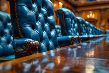Row of Blue Leather Chairs on Wooden Table