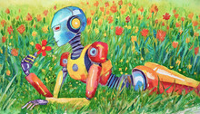 Illustrazione Di Robot Umanoide Disteso In Un Prato Fiorito, Disegno In Colori Ad Acqua