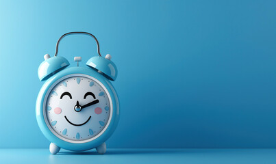 Sticker - cartoon character happy smiling alarm clock on blue isolated background