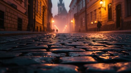 Poster - Low angle view of street with historical buildings in Prague city in Czech Republic in Europe.