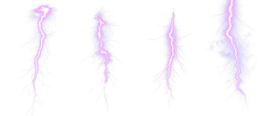 Purple Lightning bolt strike set. Isolated transparent background. Zeus, God, Jupiter, Thor, mythology concepts. Shock and energy glow. Fractal light burst flair. Fantasy glowing transparent PNG. 