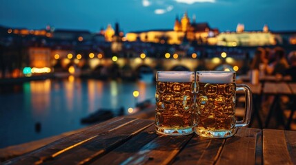 Canvas Print - Beer mug with beer and beautiful historical buildings of Prague city in Czech Republic in Europe.