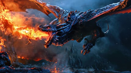 Wall Mural - Angry evil dragon with red eyes spitting fire flames.