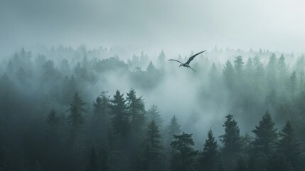 Wall Mural - flying dinosaur, pterodactyl, flying high in sky in prehistoric environment. photorealistic.