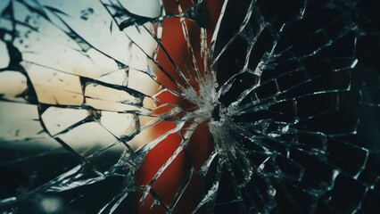 Aufkleber - A broken glass window with a red object inside. Suitable for concepts of vandalism or break-in incidents.