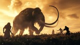 Fototapeta Paryż - Hunting scene of a team of primitive cavemen attacking a giant mammoth in wild field.