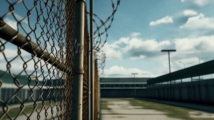Poster - Image of a chain link fence with barbed wire for security purposes. Suitable for illustrating restricted access areas.