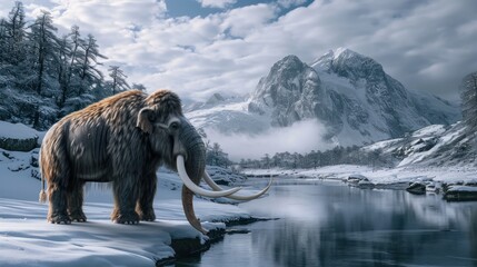 Wall Mural - Mammoth walking in lake snow field in freezing winter.