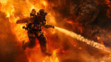 Fototapeta Sport - Courageous Firefighter Battling Raging Inferno with Determination