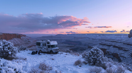 Wall Mural - rv truck in snow field in winter in rugged land.