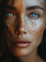 Wall Mural - Contemporary portrait of a woman with striking blue eyes and unique skin texture split by contrasting lighting effects showcasing natural beauty