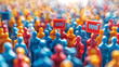 Miniature figures with VOTE signs in a crowd. Tiny individuals in a crowd holding voting placards. Concept of elections, civic duty, collective action, and the power of the vote.