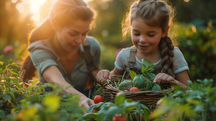 happy single mother picking fresh vegetables with her daughter