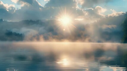 Aufkleber - Sun shining through clouds over water, suitable for various nature-themed designs.