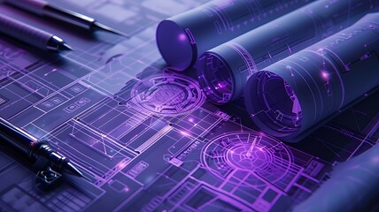 Architectural blueprint plan roll. Futuristic architect blueprint rolls architectural plan, architecture technical project drawing plan. Glowing purple house & building blueprint.