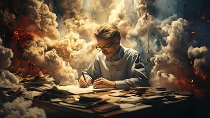 Poster - Abstract man working on important papers and documents in smoke and explosion. The concept of stress resistance and workaholism