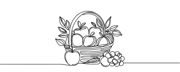 Wall Mural - Continuous one line drawing of fresh fruits in a basket. Fruits in a basket, single line vector illustration.