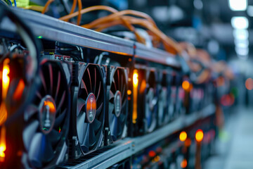 Poster - close-up of a cryptocurrency mining farm. The farm is large and efficient, and there are other farms in the background