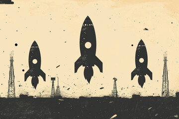 Poster - A flat illustration of black rocket silhouettes against a beige background with oil derricks in the distance
