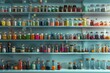 pharmacy shelves with medicines, jars with pills and bottles with medicines, pharmaceutical concept