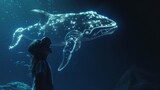 Fototapeta Przestrzenne - A female is in a virtual fantasy underwater world with a giant glowing whale when wearing VR headset.