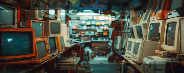 Inside an 80s computer game shop, rows of old monitors and vintage games, a journey back in time, no people