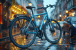 Photo of blue bicycle against the backdrop of city streets.