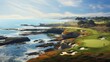 A vibrant painting capturing a golf course nestled near the ocean, bathed in the warm hues of a sunset