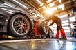 Expert auto mechanic in action, changing tires on a sports car with precision and care. The garage is equipped with natural lighting to ensure a clear view of the workspace.