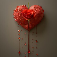 A glass heart filled with red liquid hangs in the air against the background of a bluish wall, with a drop slowly falling down, symbolizing the life-giving power of blood and the depth of feelings