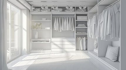 Wall Mural - 
A cozy, white dressing room adorned with neatly arranged shelves and hangers displaying beautiful clothes