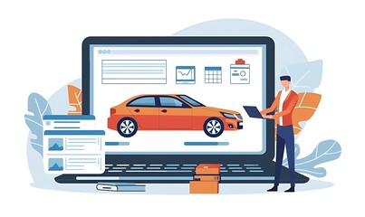 Online consultant, Business Online consultation on the website for car sales, program interface on a laptop, Flat vector graphics illustration. Generative AI