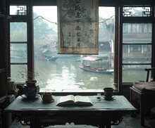 A Serene And Scholarly Scene Inside A Traditional Chinese Room With An Open View To A Canal Where A Small Boat Is Passing By- AI Generated Digital Art