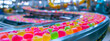 Jelly candy production tape at the factory. Selective focus.