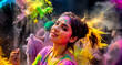 Photos of girls covered in multi-colored paint celebrating the Holi festival.