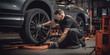 © Ammar Anwar  - Dedicated mechanic meticulously inspecting a car's wheel in a well-equipped workshop process of checking the condition of new tires in auto repair shop