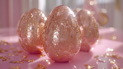 Wall Mural - a group of pink eggs sitting on top of a table covered in gold flecks and confetti.