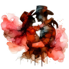 Wall Mural - Cowboy couple in love hugging each other. Transparent background. Generative AI