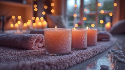 Wall Mural - a group of candles sitting on top of a table next to a pile of towels on top of a table.