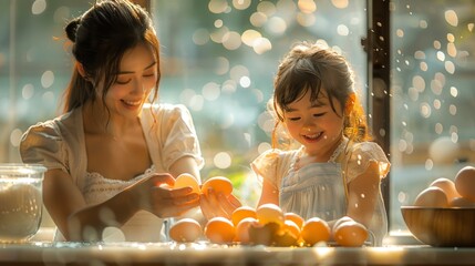 Wall Mural - In the warmth of their kitchen, a girl learns to crack eggs with minimal mess, her mothers patient instruction evident in the calm, educational atmosphere