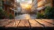 Empty wooden table in the corner of urban european street, blur background with passerby table