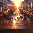 An empty polished wooden counter with a blurred background of a bustling Parisian street at sunset. Vibrant life energy. 