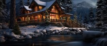 Rustic Log Cabin With Luxurious Amenities In A Secluded Snowy Setting