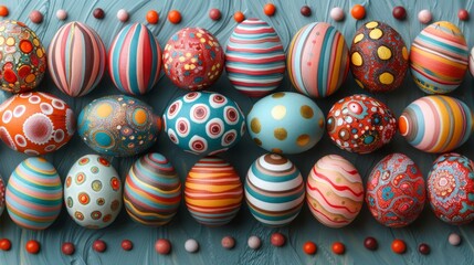 Wall Mural - a group of colorfully painted eggs sitting on top of a blue table next to red and orange balls on a blue surface.