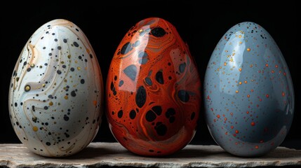 Wall Mural - a group of three painted eggs sitting on top of a piece of wood on top of a piece of wood.