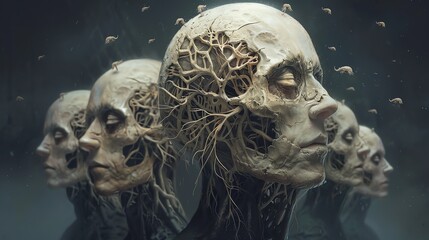 Human heads with a tree-like structure for brains, offering a visual metaphor for thoughts and collective consciousness.