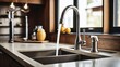 The faucet features a high-arc design. Tap water. Kitchen interior. A close-up of a sleek, modern faucet in a newly remodeled kitchen. 